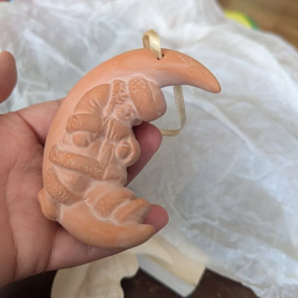 Ceramic Clay Half‎ Moon Sleeping Santa Christmas Tree Holiday Ornaments Vintage